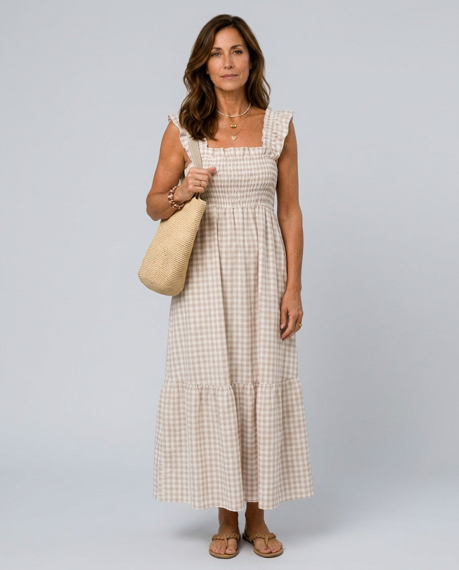 Ximena | Flutter Sleeve Smocked Gingham Maxi Dress