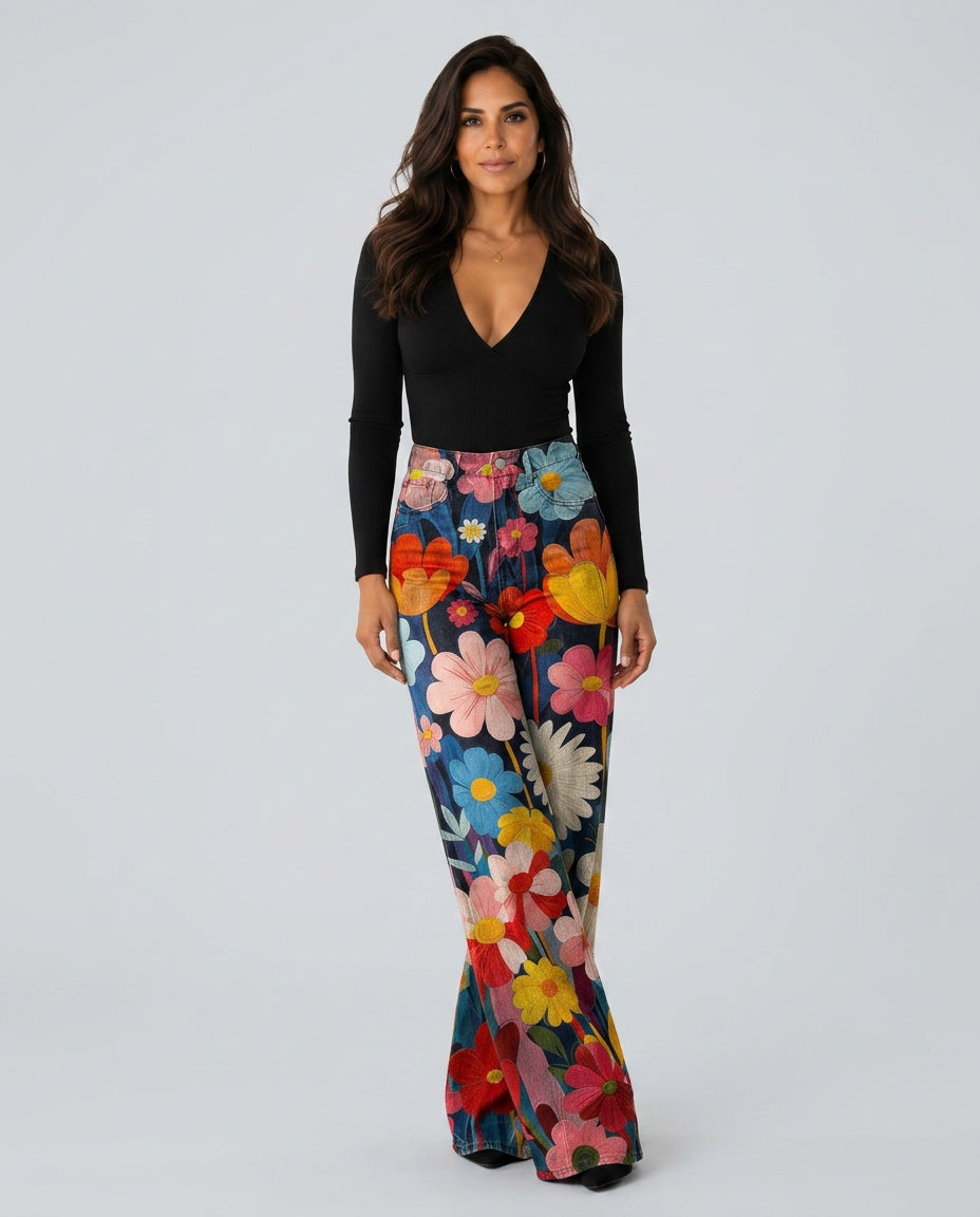 Elodie | High Waist Floral Print Wide-Leg Trousers