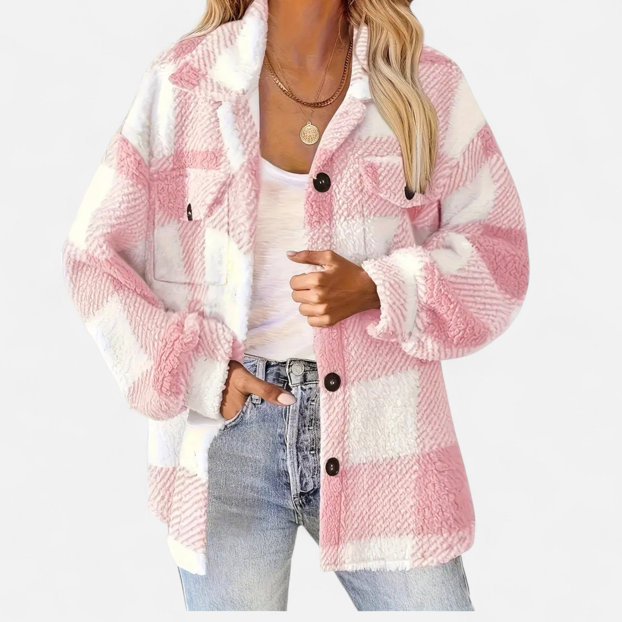 Piper | Check Print Button Front Sherpa Jacket