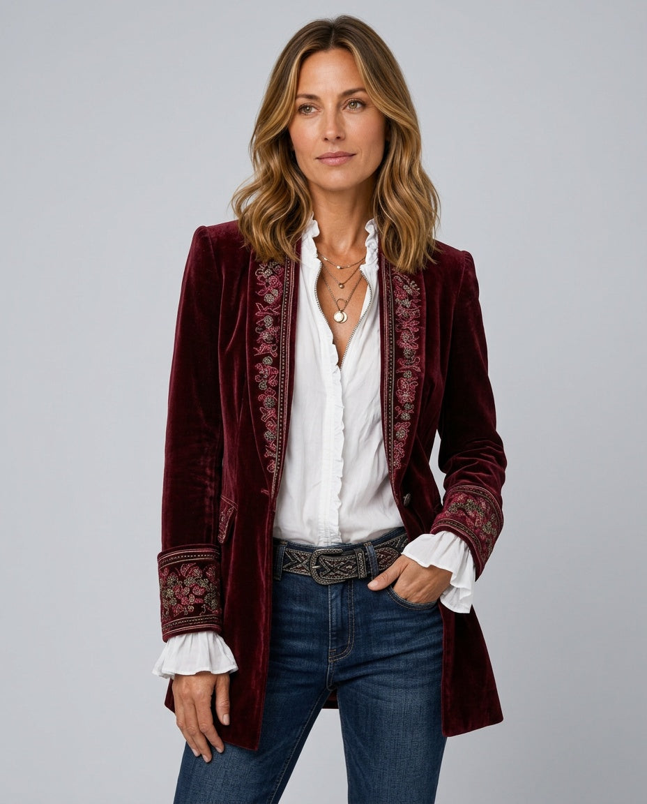 Kira | Embroidered Longline Jacket with Layered Cuffs