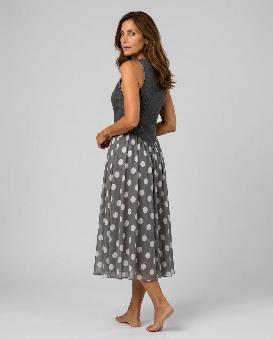 Noelia | Denim Bodice Polka Dot Midi Dress