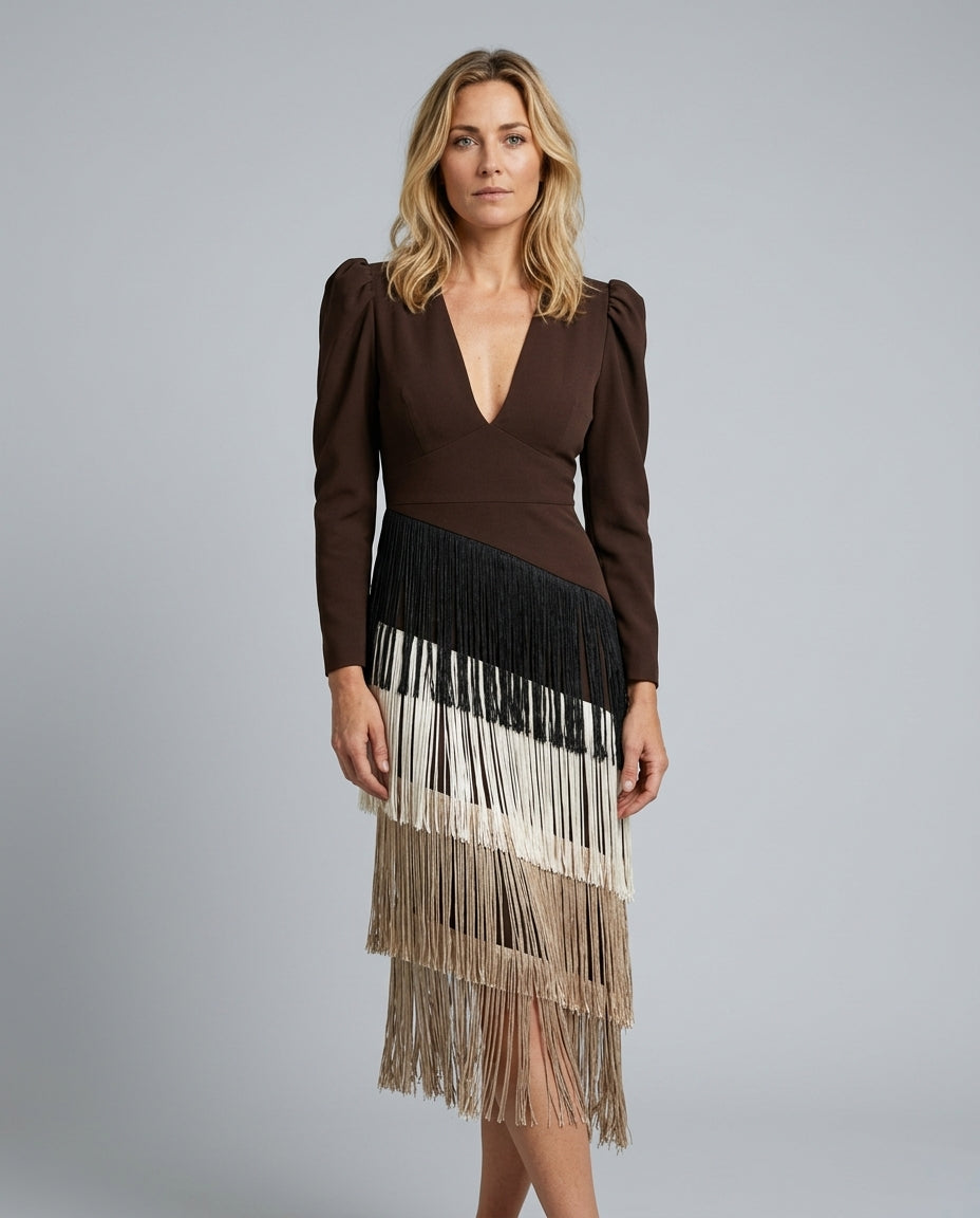 Brigitte | Fringe V-Neck Long Sleeve Midi Dress