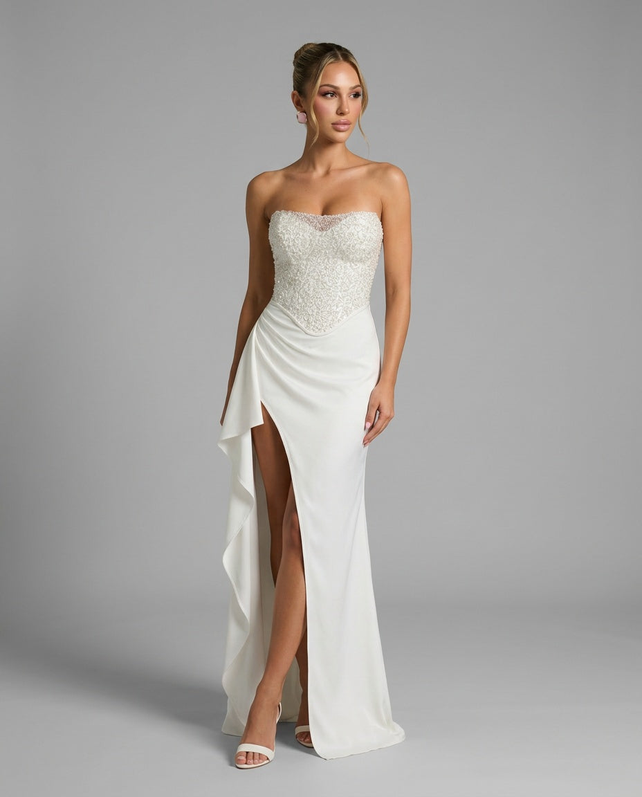 Chloe | Strapless Beaded Corset Satin Maxi Dress