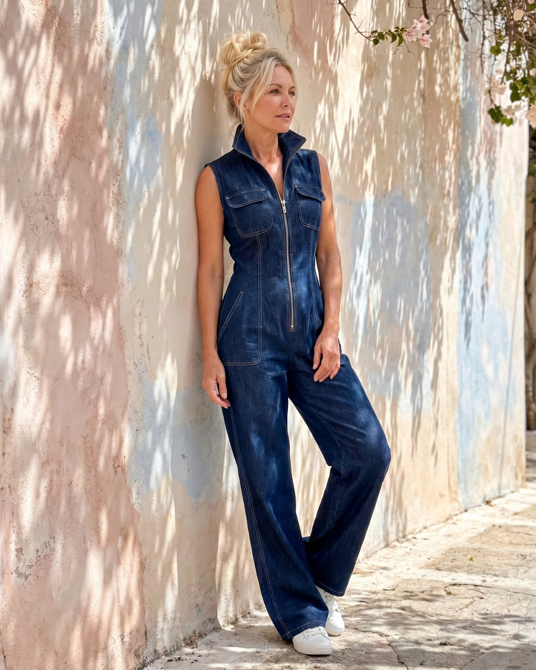 Cleona | Sleeveless Zip Front Wide Leg Denim Jumpsuit