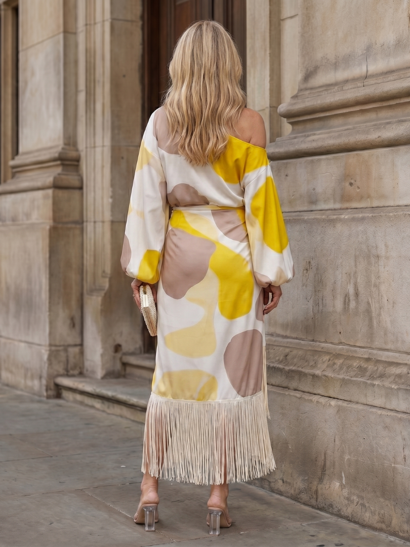 Koda | Abstract Print Fringe Hem Midi Dress