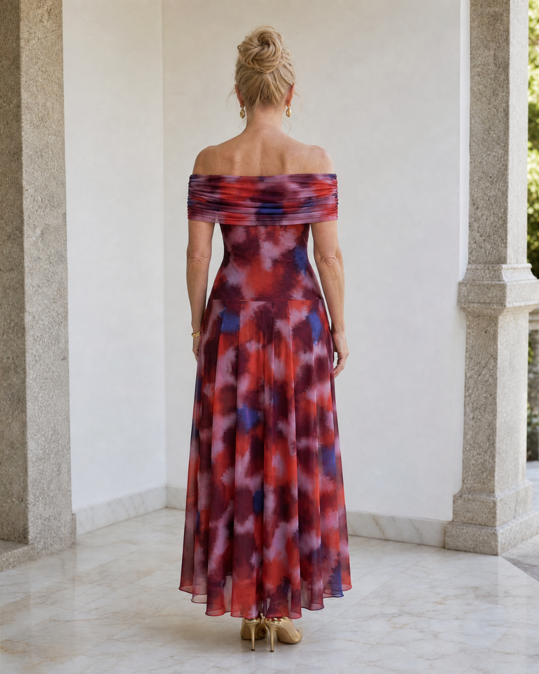 Liv | Off-Shoulder Watercolour Print Flowing Midi Dress