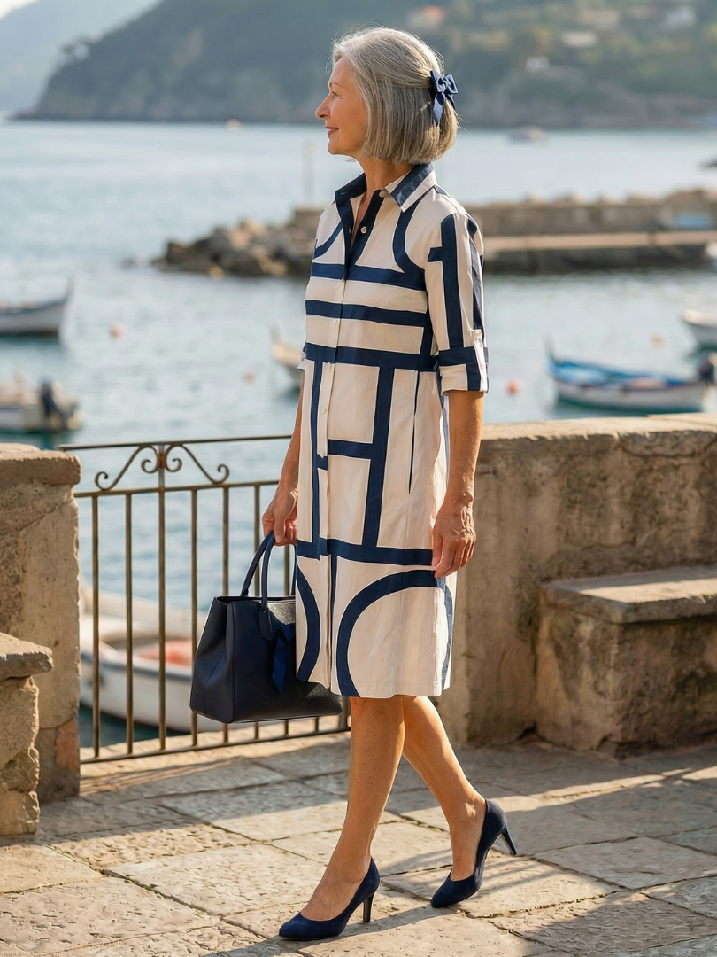 Faye | Geometric Print Collared Knee-Length Midi Dress