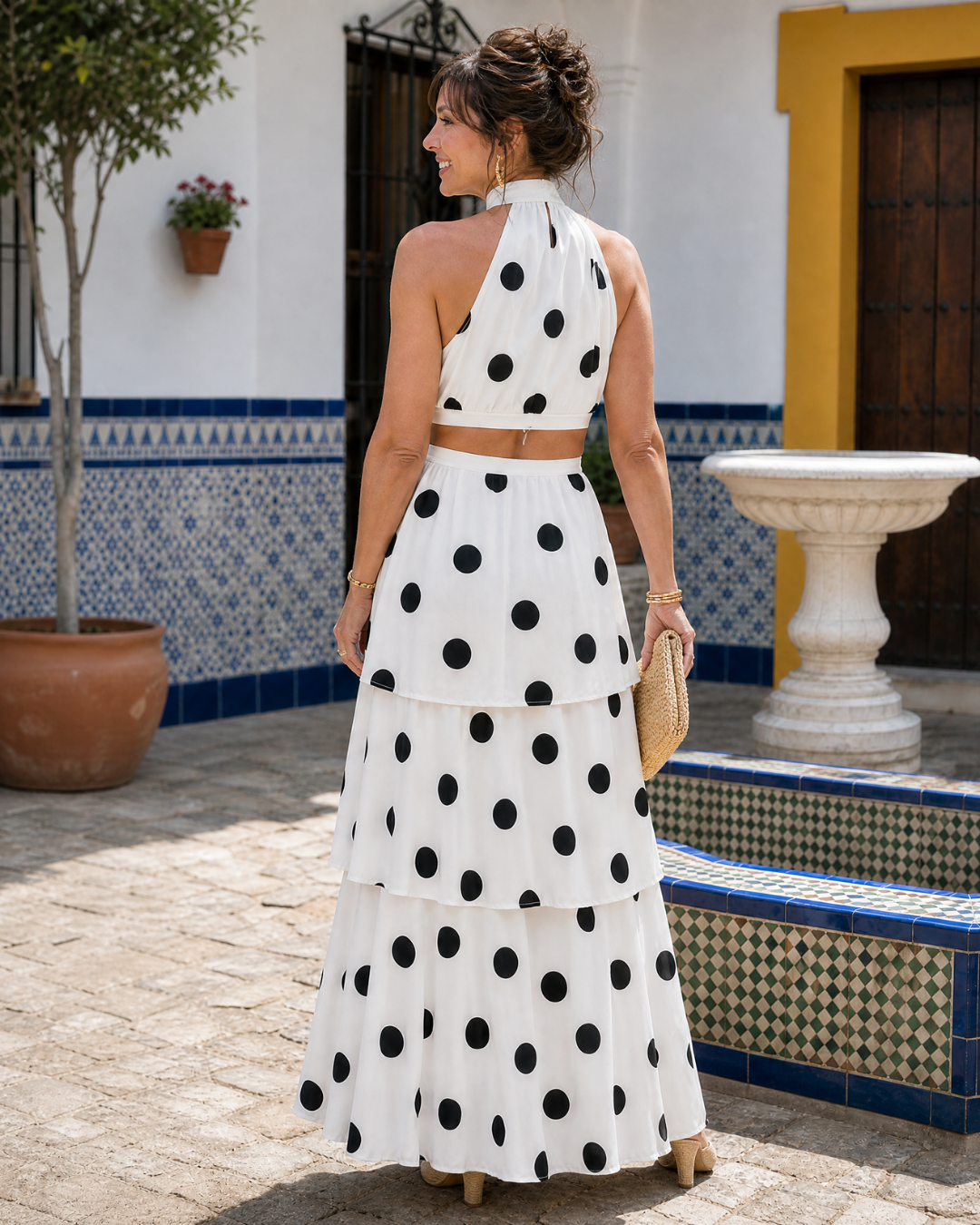 Lysa | Polka Dot Halter Top & Tiered Maxi Skirt Set