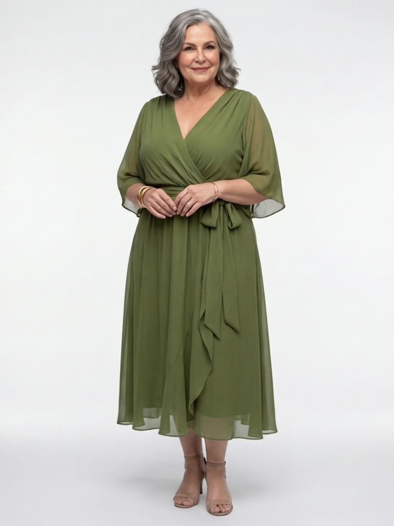 Delphine | V-Neck Draped Waist Tie Midi Dress