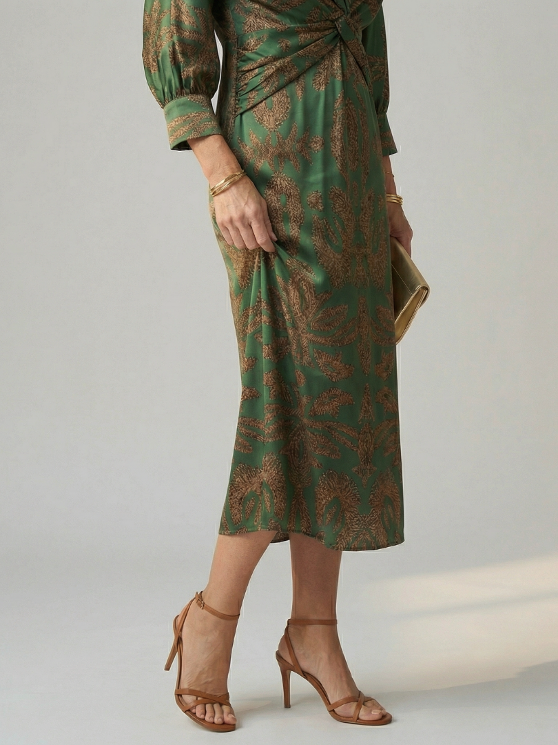 Delphine | Wrap Midi Dress in Natural Print