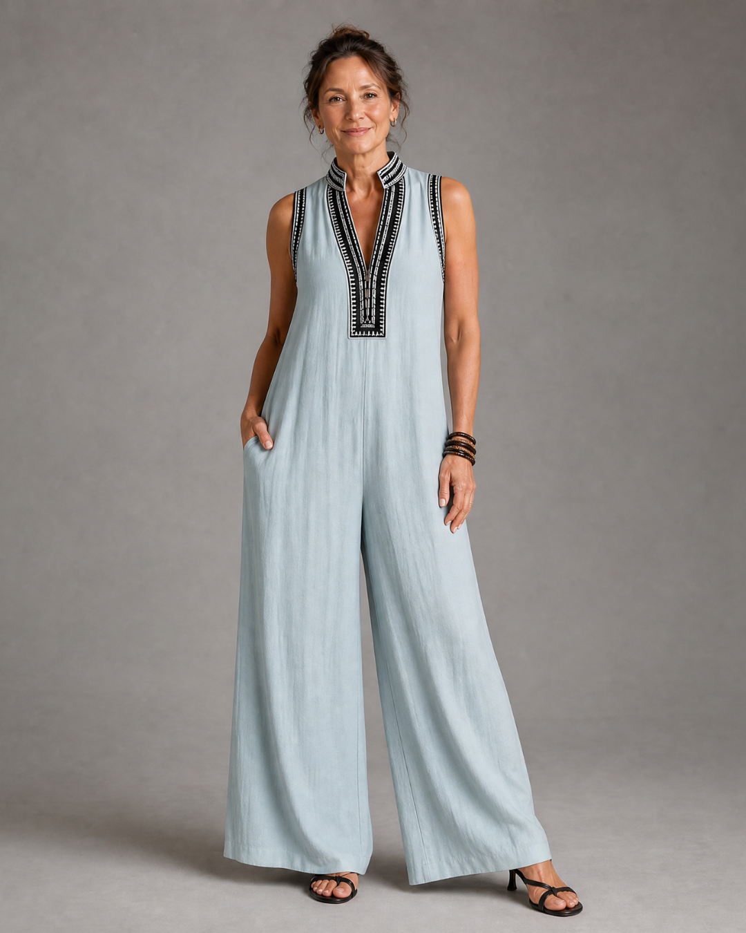 Velmira | Embroidered V-Neck Wide Leg Jumpsuit