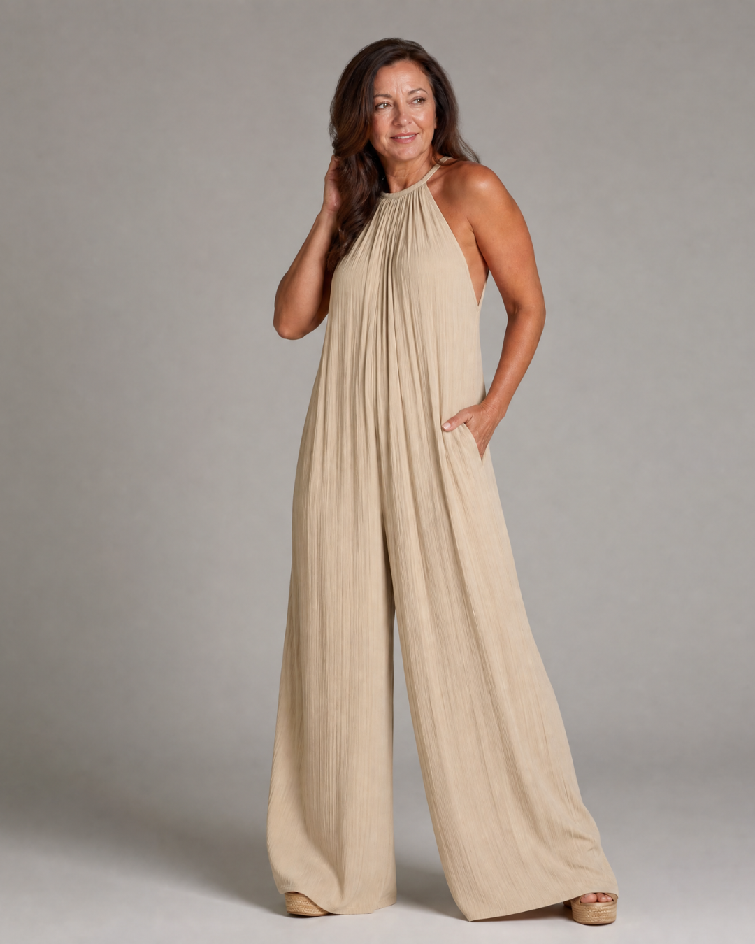 Sylvara | Pleated Halter Neck Wide Leg Jumpsuit