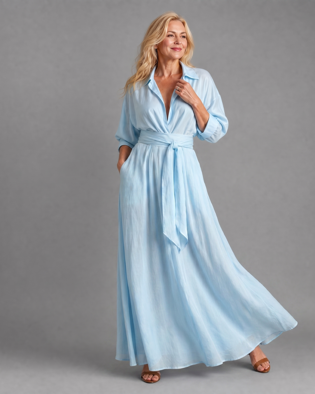 Darya | Belted Collared Long Sleeve Midi Dress
