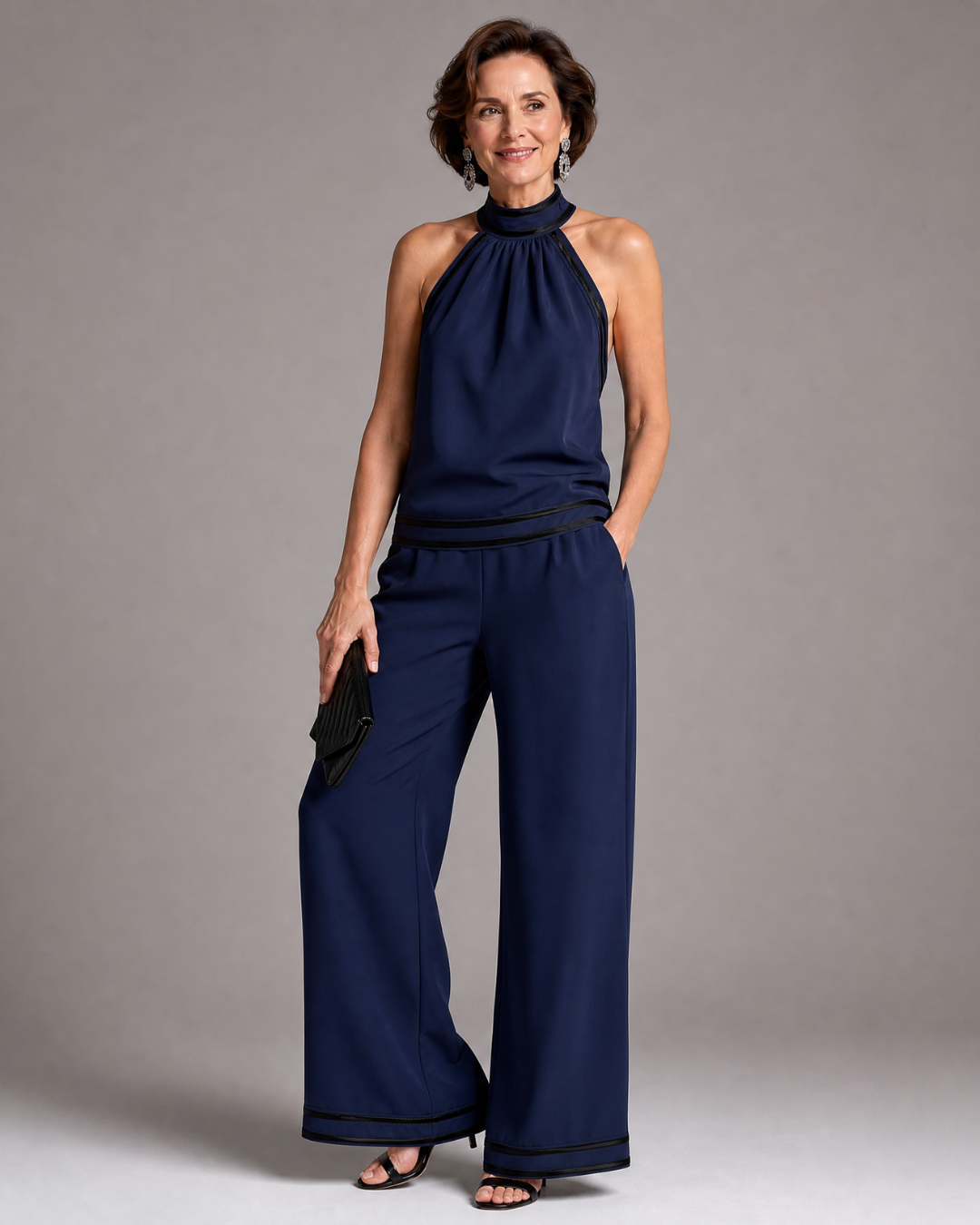 Bianca | Contrast Trim Halter Neck Wide Leg Jumpsuit