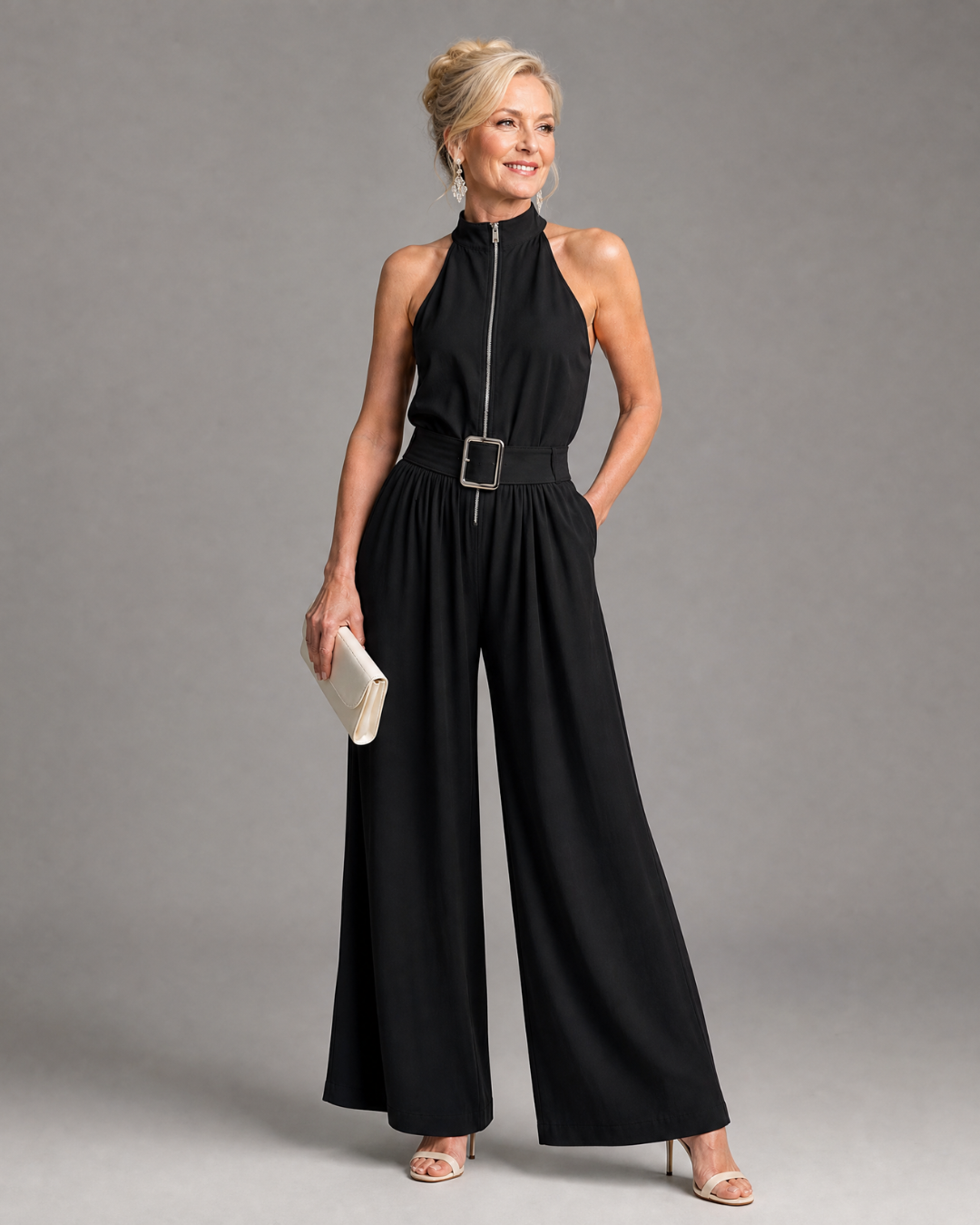 Stellara | Belted High Neck Sleeveless Wide Leg Jumpsuit