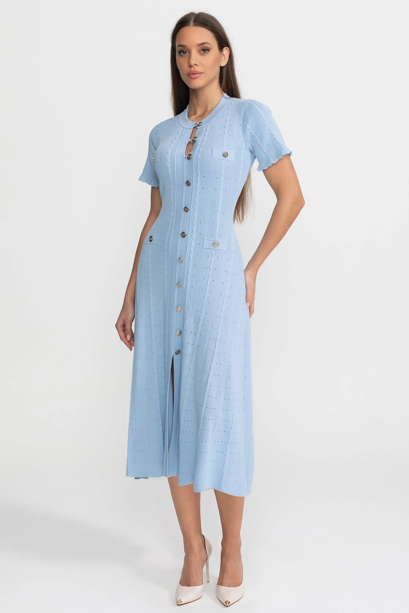 Women's Knit Button-Front Wedding Guest Midi Dress