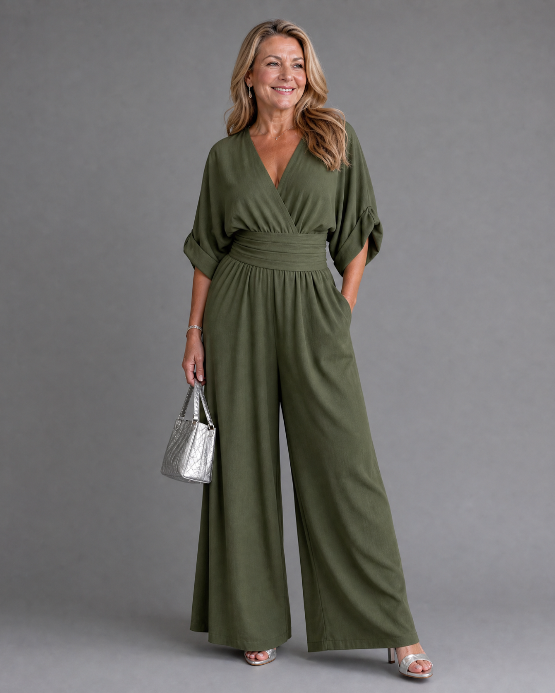 Elin | Draped V-Neck Wide Leg Relaxed Jumpsuit
