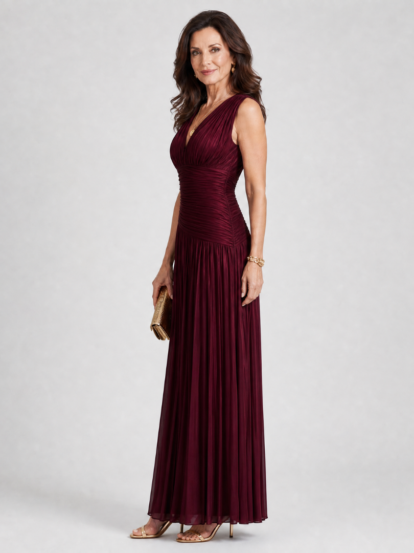 Camille | Sleeveless Pleated V-Neck Midi Dress
