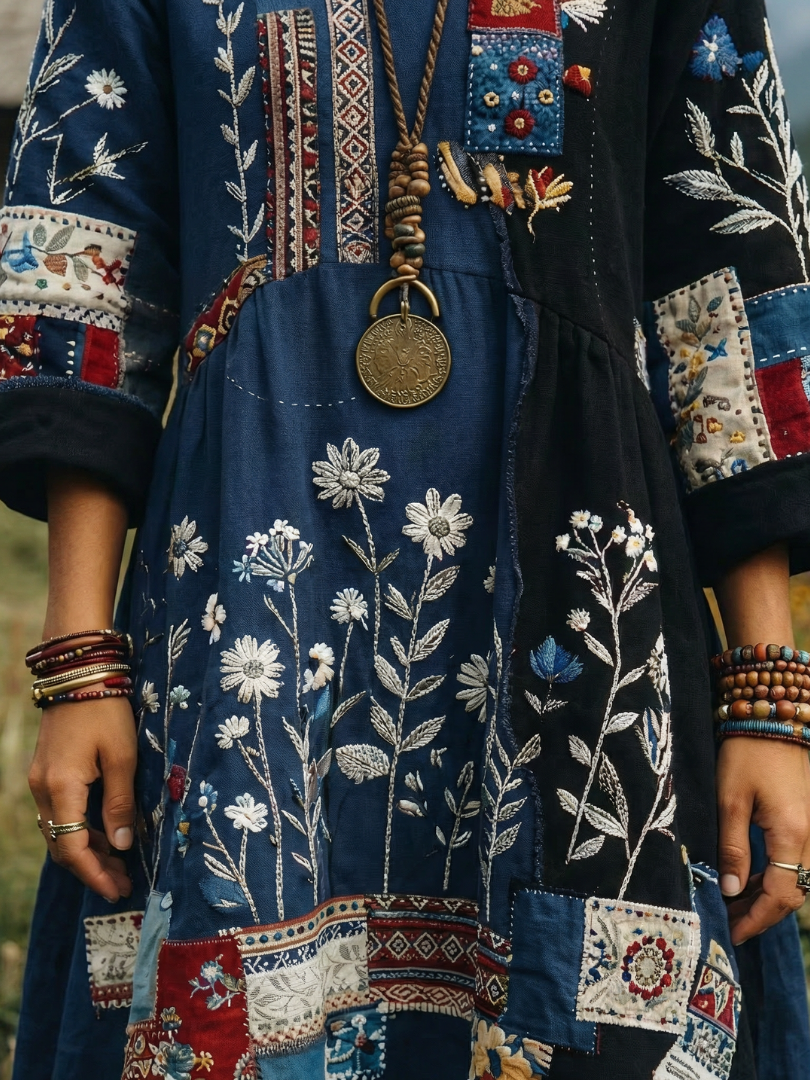 Wren | Embroidered Panel Long Sleeve Midi Dress