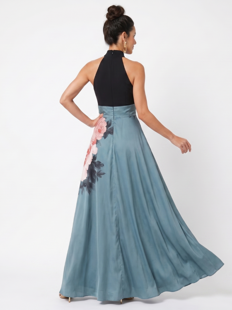 Naia | Halter Bodice Floral Skirt Maxi Dress