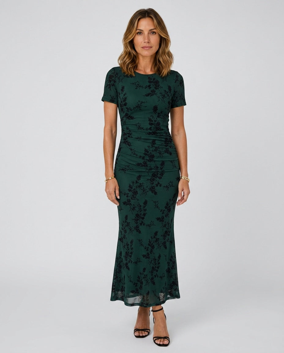 Adeline | Short Sleeve Crew Neck Midi Dress