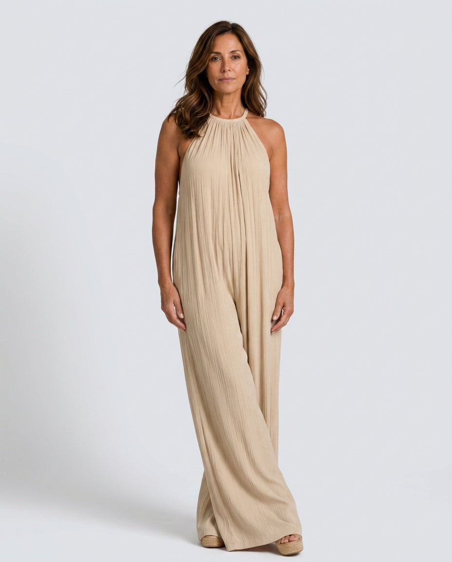 Sylvara | Pleated Halter Neck Wide Leg Jumpsuit