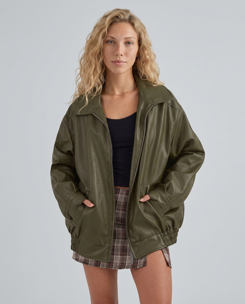 Zoé | Oversized Zip Front Faux Leather Bomber Jacket