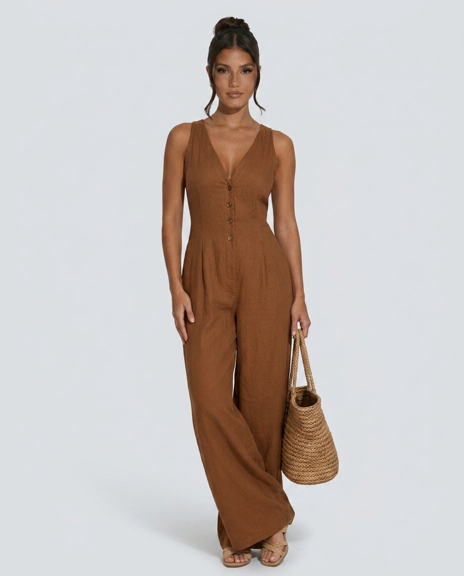 Emilia | Sleeveless Button Front Wide Leg Jumpsuit