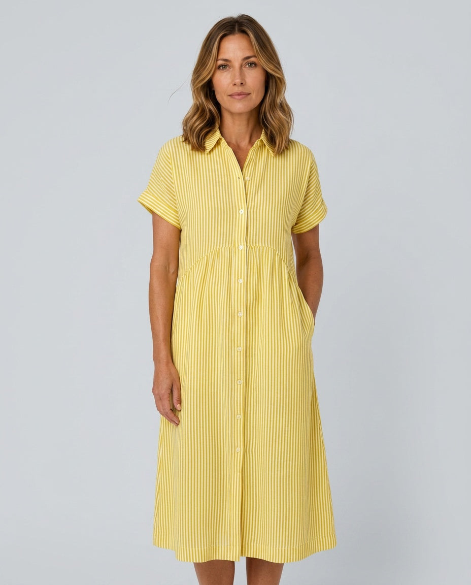 Saffron | Striped Button-Front Short Sleeve Midi Dress