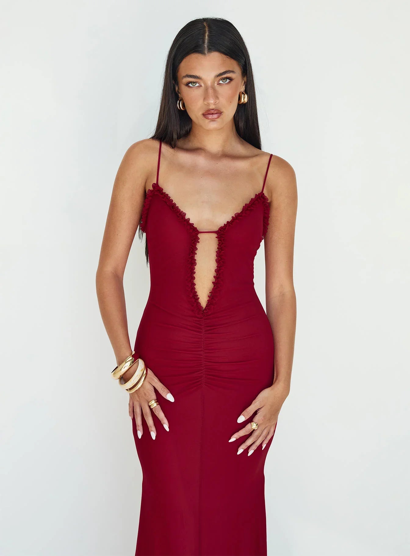 Capisce | Ruched Lace Cut-Out High Split Maxi Dress