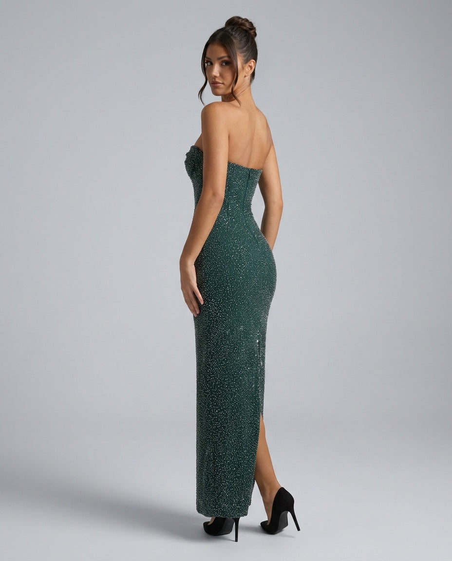 Celeste | Embellished Strapless Cowl-Neck Maxi Dress