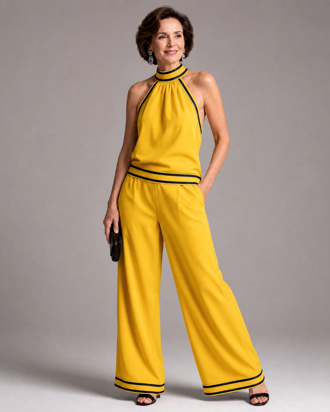 Bianca | Contrast Trim Halter Neck Wide Leg Jumpsuit