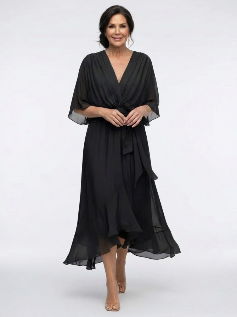 Delphine | V-Neck Draped Waist Tie Midi Dress