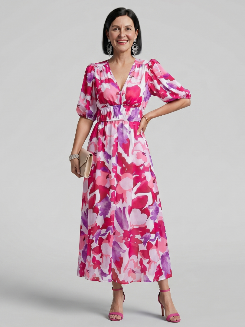 Coralie | Puff Sleeve V-Neck Abstract Print Midi Dress