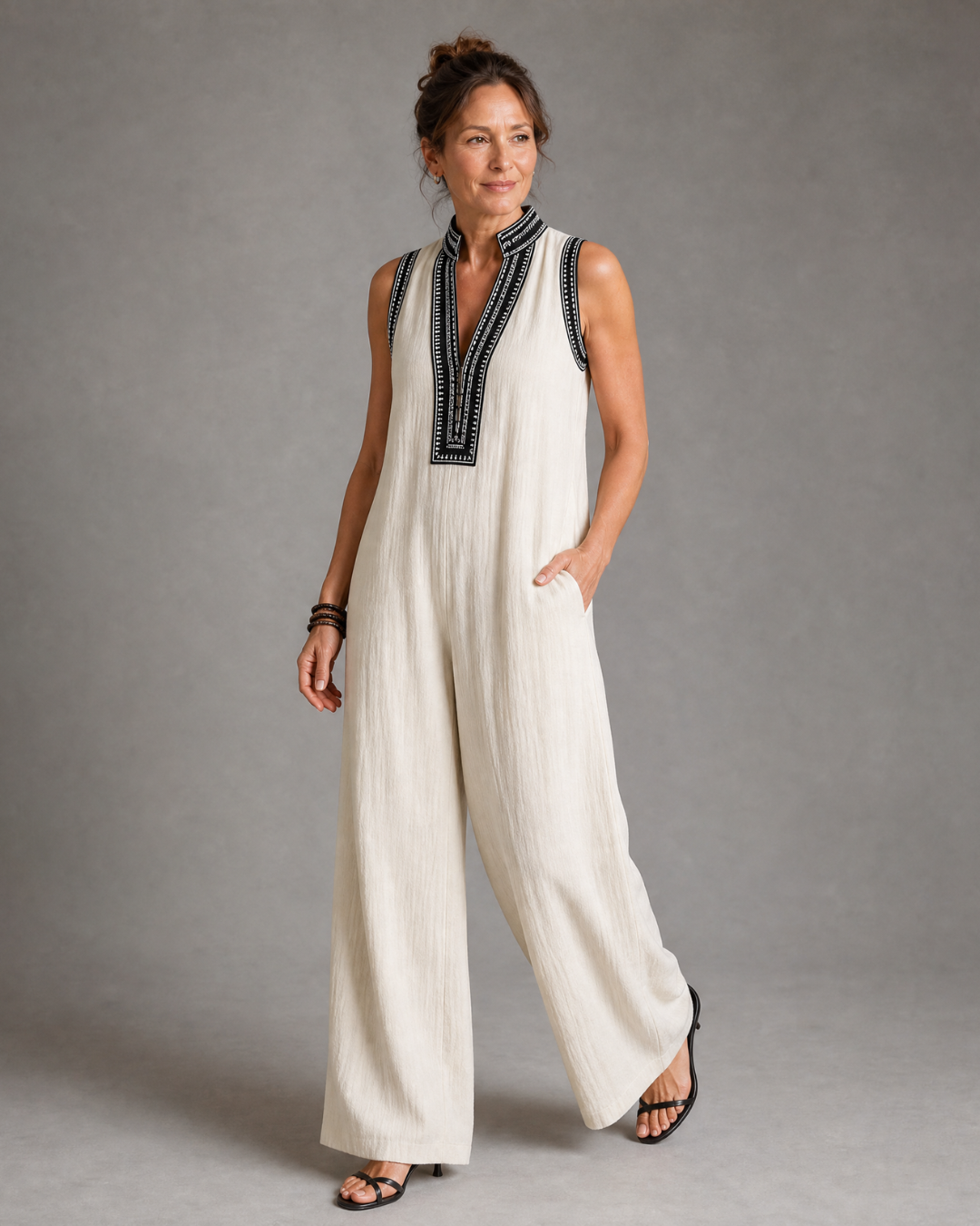 Velmira | Embroidered V-Neck Wide Leg Jumpsuit