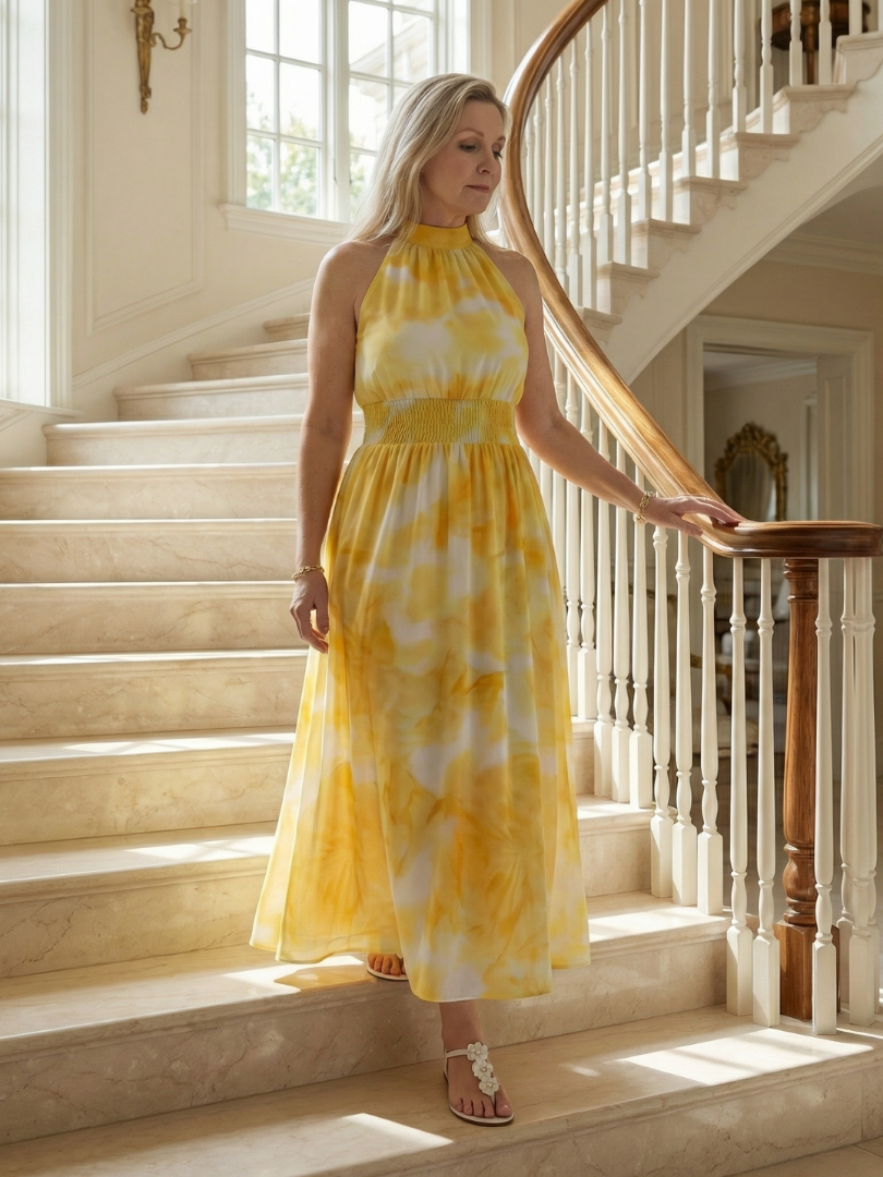 Niamh | Gathered Halter Flowy Midi Dress