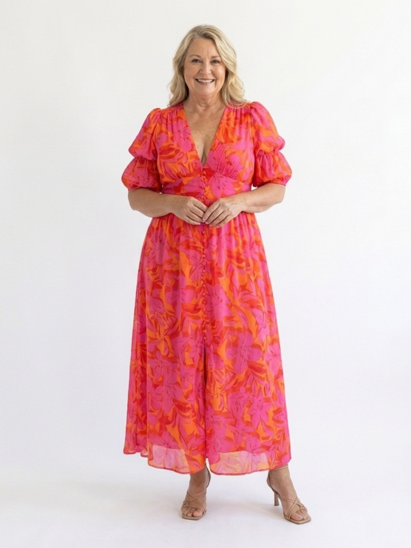 Paloma | Floral V-Neck Puff Sleeve Midi Dress