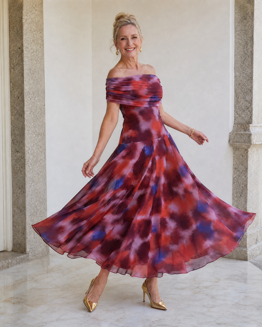 Liv | Off-Shoulder Watercolour Print Flowing Midi Dress