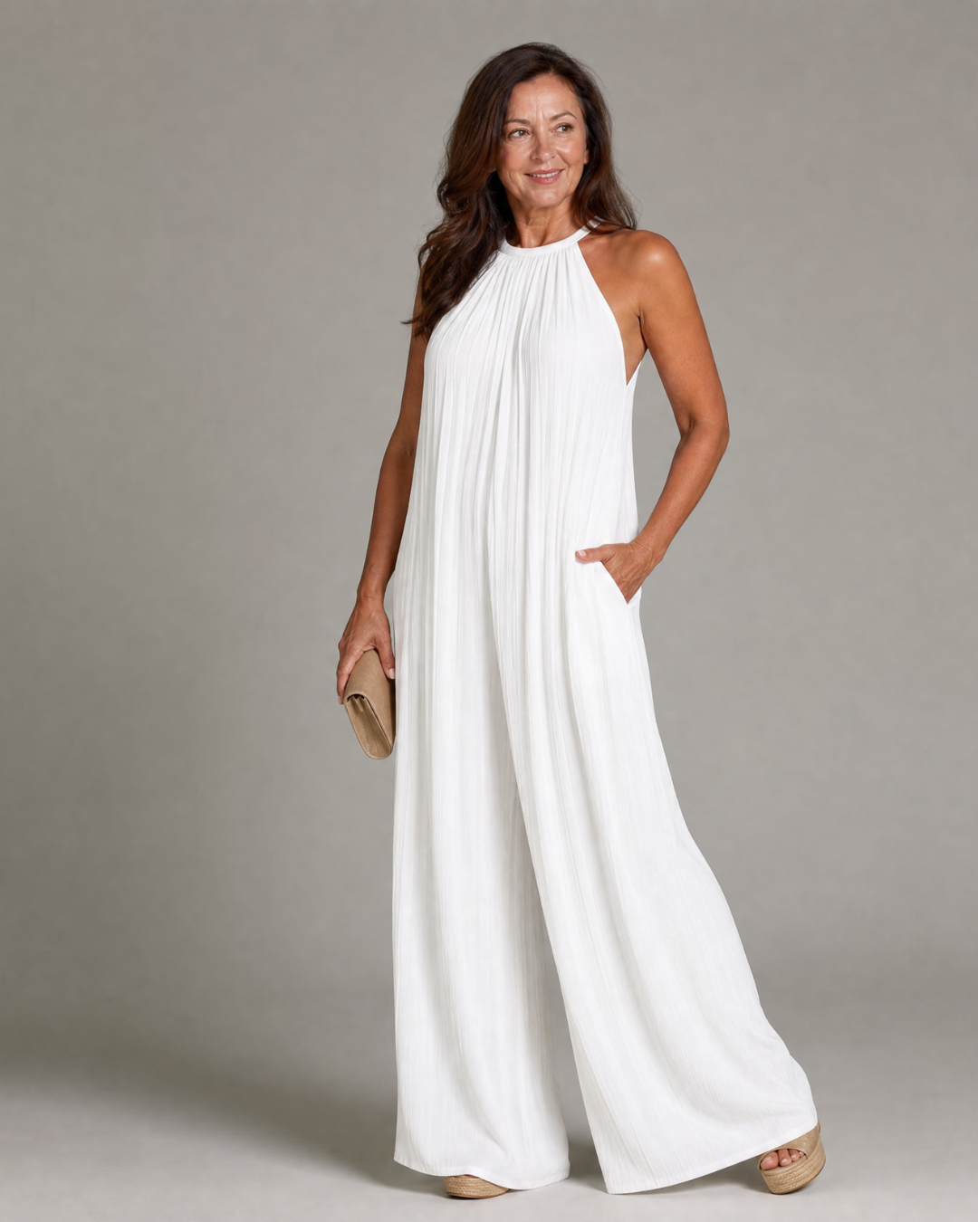 Sylvara | Pleated Halter Neck Wide Leg Jumpsuit
