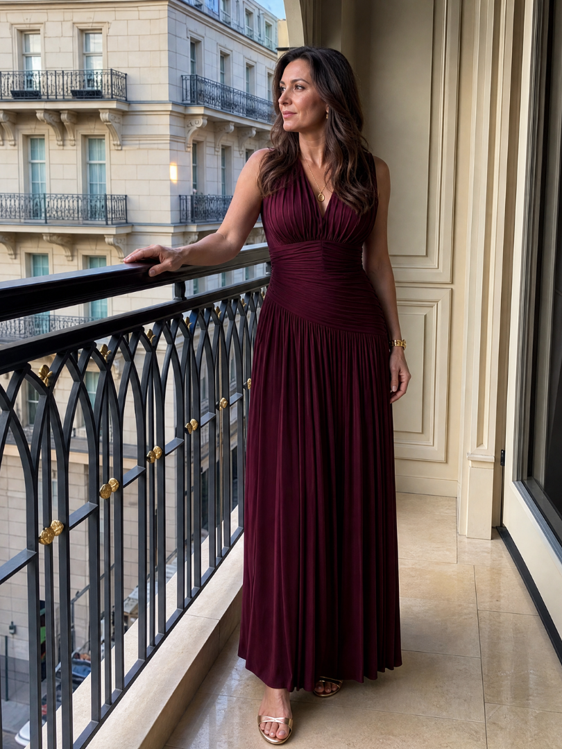 Camille | Sleeveless Pleated V-Neck Midi Dress