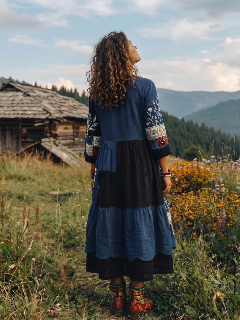 Wren | Embroidered Panel Long Sleeve Midi Dress
