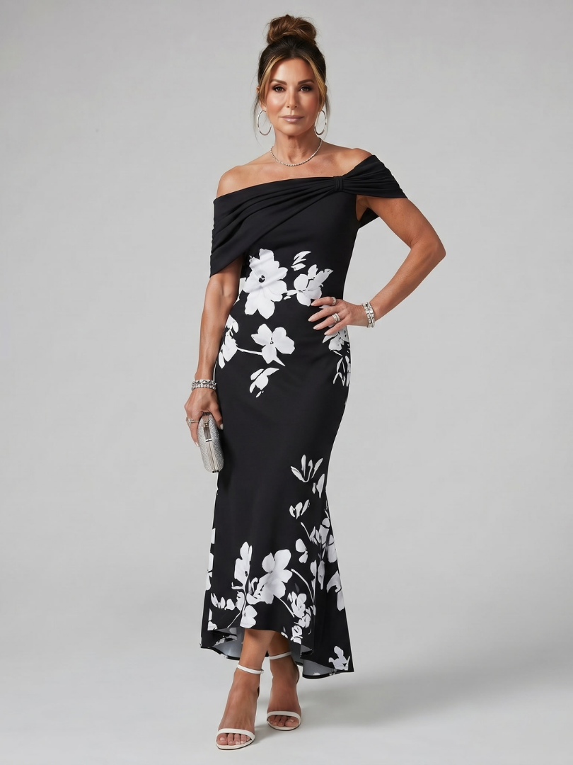 Cosma | Off-Shoulder Draped Midi Dress