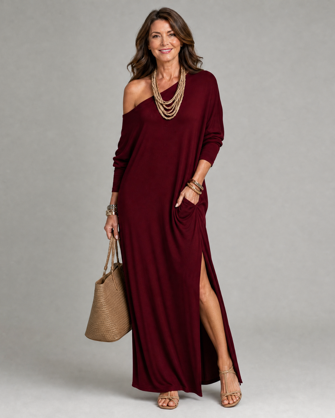 Ivy | One-Shoulder Side Slit Flowing Midi Dress