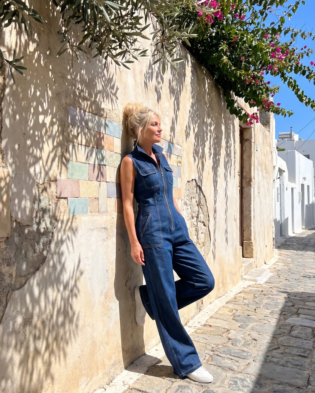 Cleona | Sleeveless Zip Front Wide Leg Denim Jumpsuit