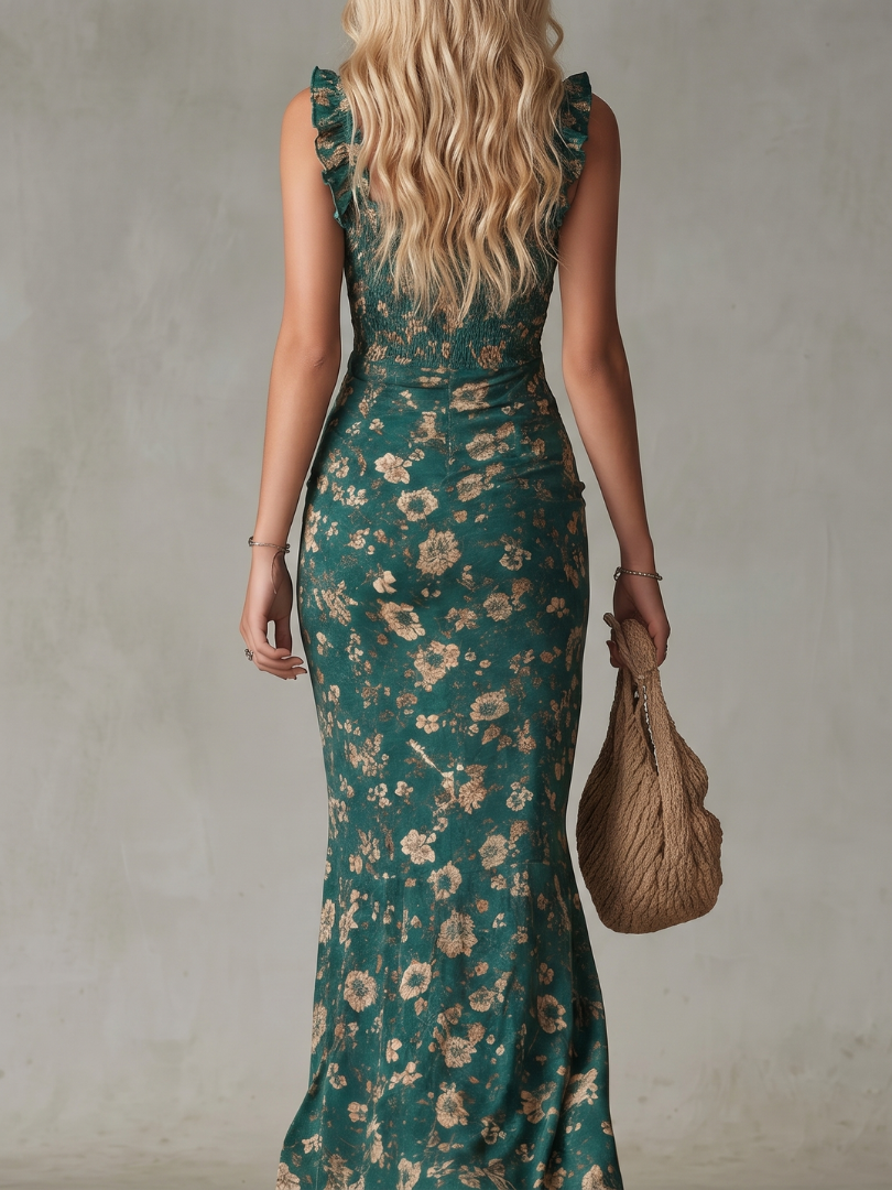 Pella | Smocked Ruffle Strap High Slit Midi Dress