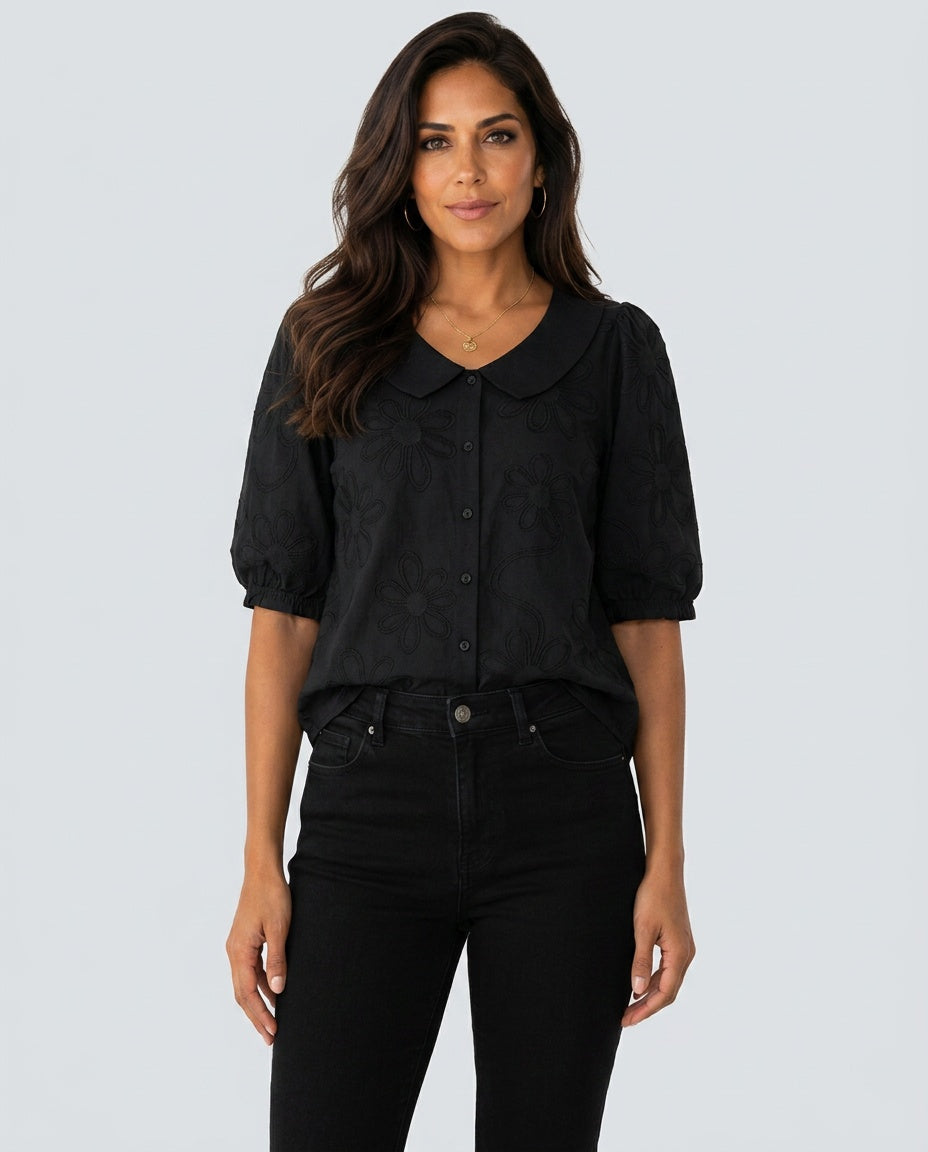 Vera | Floral Embroidered Round Collar Blouse