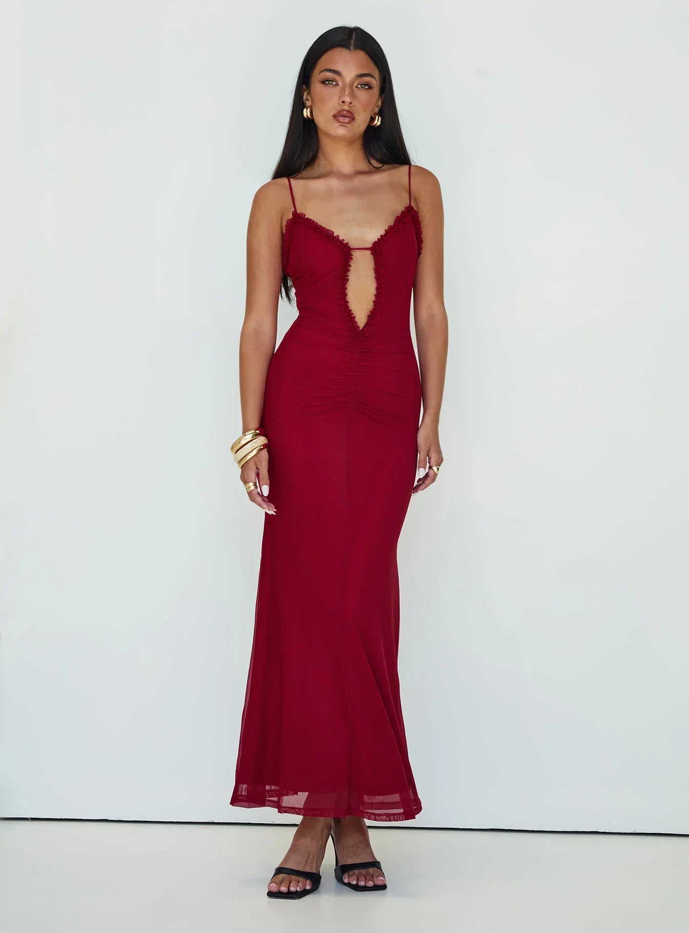 Capisce | Ruched Lace Cut-Out High Split Maxi Dress