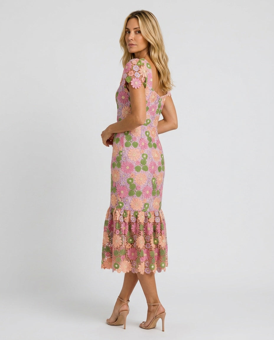 Odette | Sweetheart Embroidered Midi Dress with Cap Sleeves