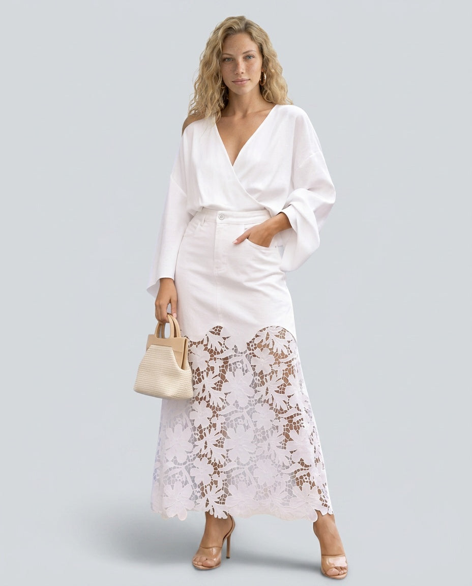 Malena | High Waist Button Front Denim Lace Panel Maxi Skirt