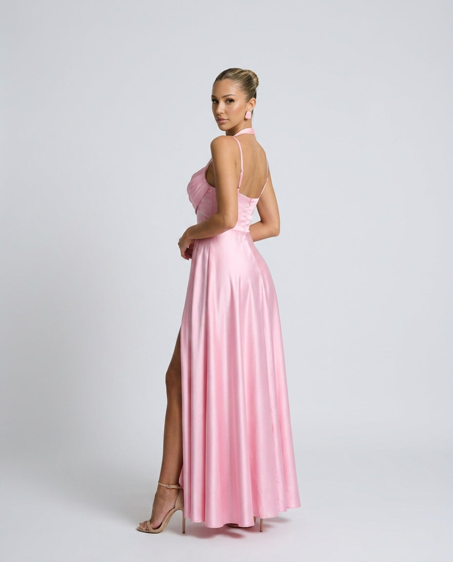 Xenia | Cowl Neck Pleated Satin-Look Maxi Dress